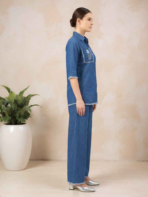 Denim Solid Shirt With Trousers Co-Ord Set For Women