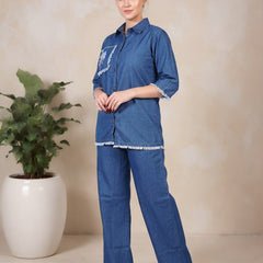 Denim Solid Shirt With Trousers Co-Ord Set For Women