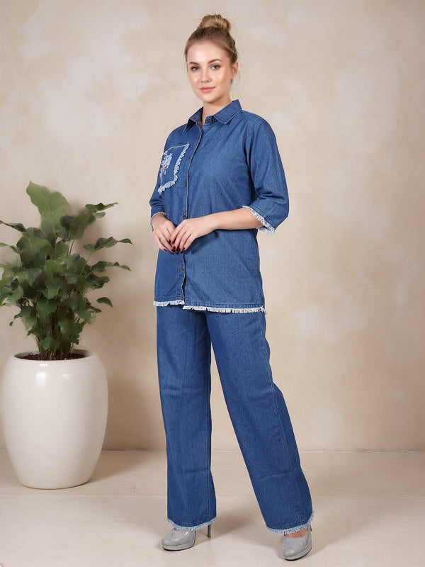 Denim Solid Shirt With Trousers Co-Ord Set For Women