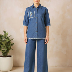 Denim Solid Shirt With Trousers Co-Ord Set For Women