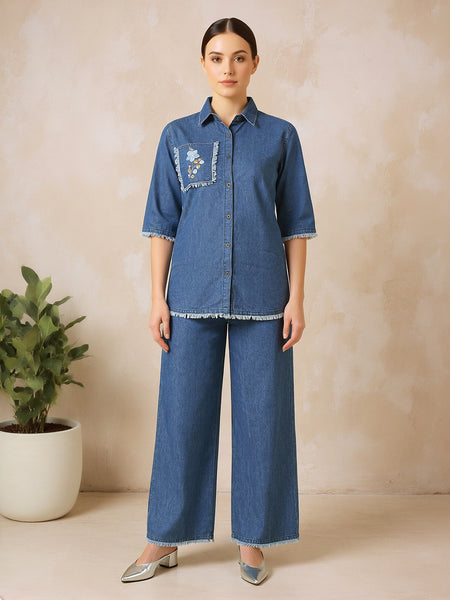 Denim Solid Shirt With Trousers Co-Ord Set For Women