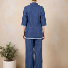 Denim Solid Shirt With Trousers Co-Ord Set For Women