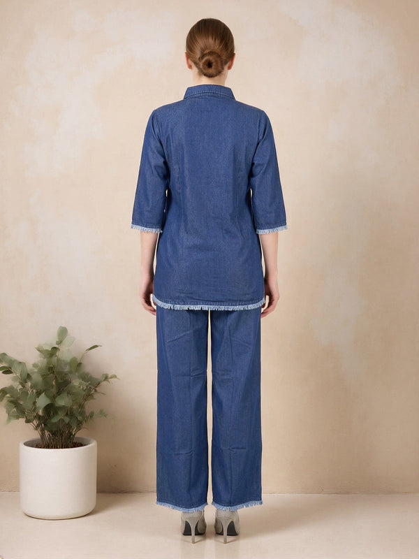 Denim Solid Shirt With Trousers Co-Ord Set For Women