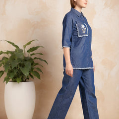 Denim Solid Shirt With Trousers Co-Ord Set For Women