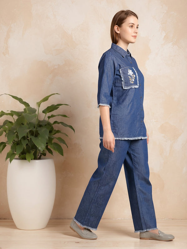 Denim Solid Shirt With Trousers Co-Ord Set For Women