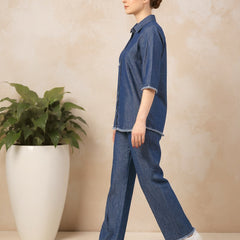 Denim Solid Shirt With Trousers Co-Ord Set For Women