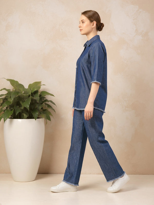 Denim Solid Shirt With Trousers Co-Ord Set For Women