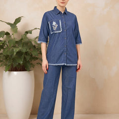 Denim Solid Shirt With Trousers Co-Ord Set For Women