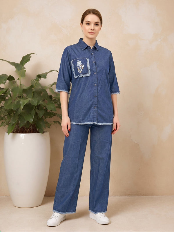 Denim Solid Shirt With Trousers Co-Ord Set For Women