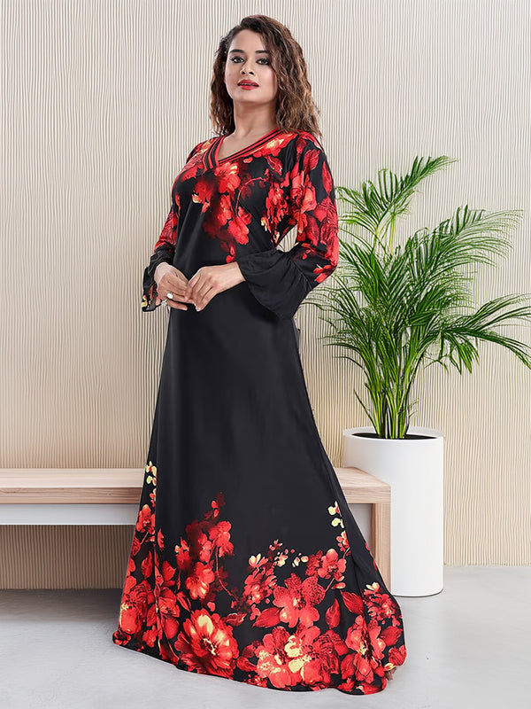 Sarina Satin Floral Print Maxi / Night Gown For Women