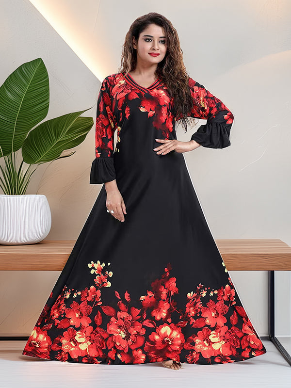 Sarina Satin Floral Print Maxi / Night Gown For Women
