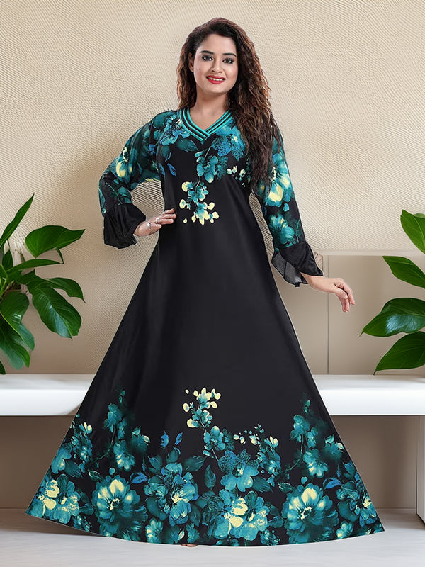 Sarina Satin Floral Print Maxi / Night Gown For Women