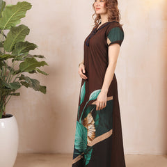 Rayon Tropical Print Maxi / Night Gown For Women, Free Size