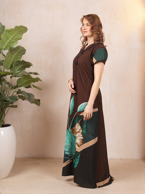Rayon Tropical Print Maxi / Night Gown For Women, Free Size