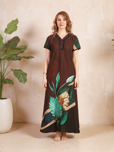 Rayon Tropical Print Maxi / Night Gown For Women, Free Size
