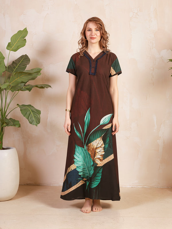 Rayon Tropical Print Maxi / Night Gown For Women, Free Size