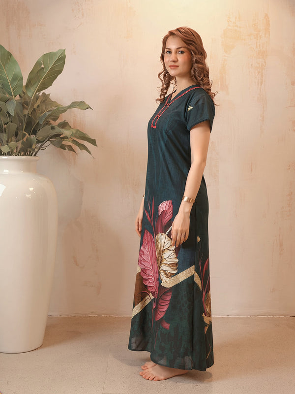 Rayon Tropical Print Maxi / Night Gown For Women, Free Size