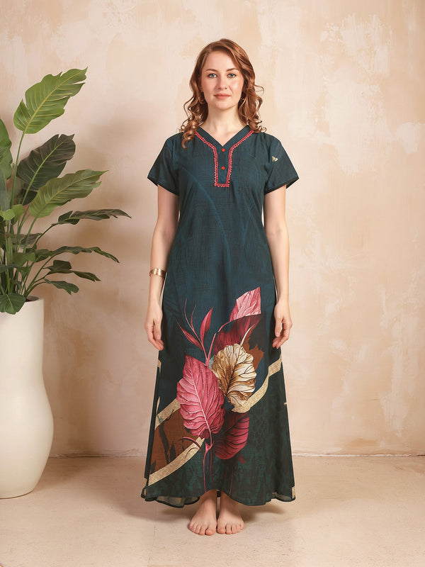 Rayon Tropical Print Maxi / Night Gown For Women, Free Size