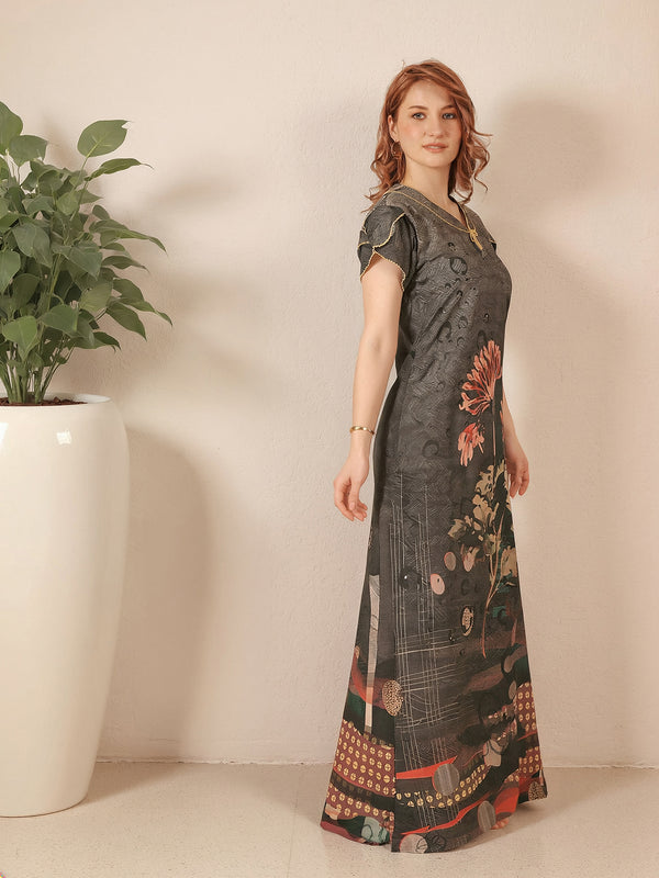 Rayon Tropical Print Maxi / Night Gown For Women, Free Size