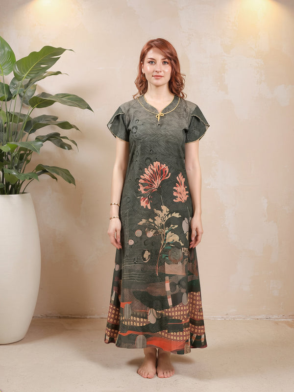 Rayon Tropical Print Maxi / Night Gown For Women, Free Size