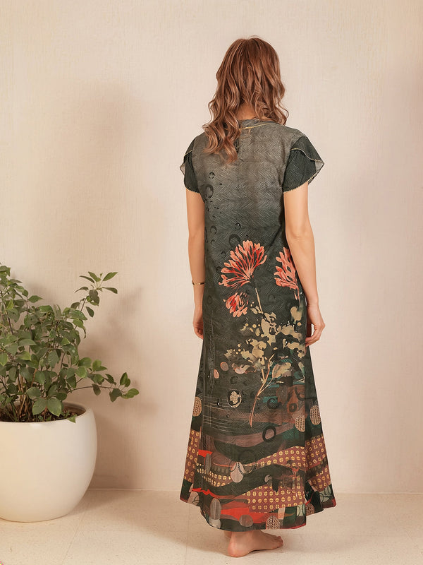 Rayon Tropical Print Maxi / Night Gown For Women, Free Size