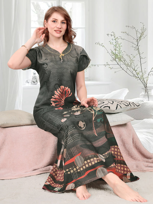 Rayon Tropical Print Maxi / Night Gown For Women, Free Size