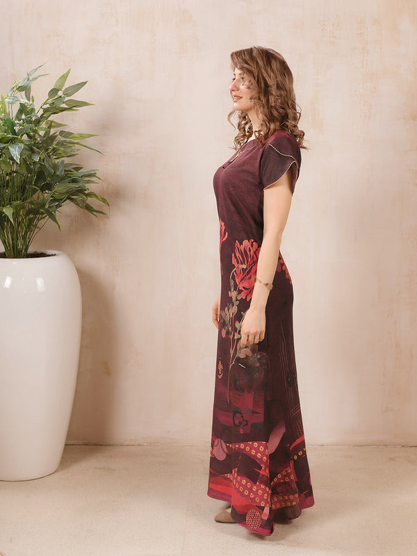 Rayon Tropical Print Maxi / Night Gown For Women, Free Size