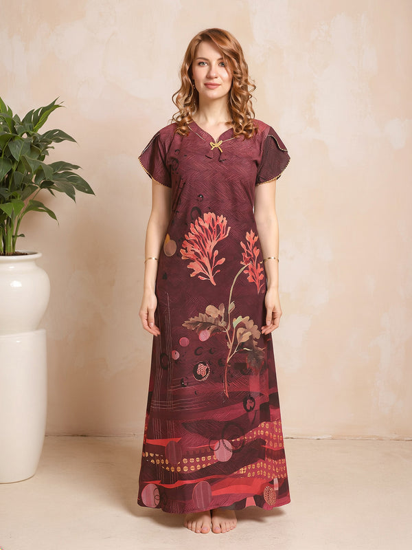 Rayon Tropical Print Maxi / Night Gown For Women, Free Size