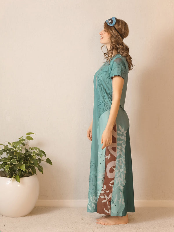 Rayon Tropical Print Maxi / Night Gown For Women, Free Size