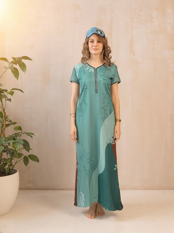 Rayon Tropical Print Maxi / Night Gown For Women, Free Size