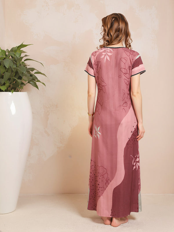 Rayon Tropical Print Maxi / Night Gown For Women, Free Size