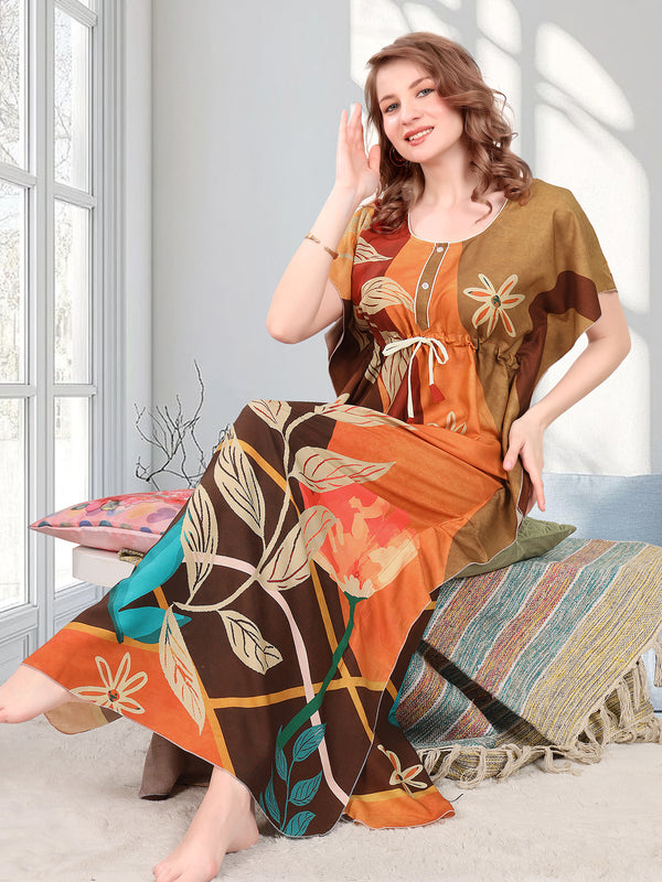 Rayon Printed Kaftan Nighty / Night Gowns For Women