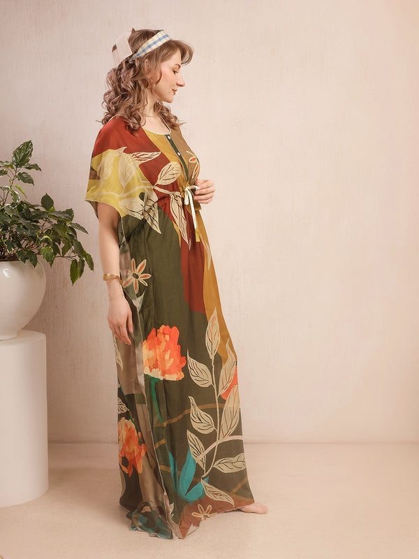 Rayon Printed Kaftan Nighty / Night Gowns For Women