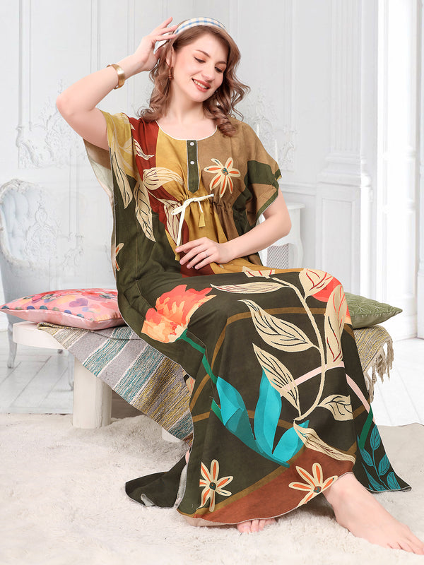 Rayon Printed Kaftan Nighty / Night Gowns For Women