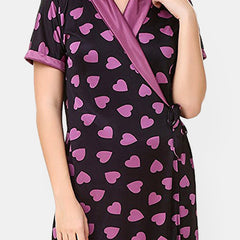 Be You Women Satin Conversational Printed Maxi Wrap Nightdress