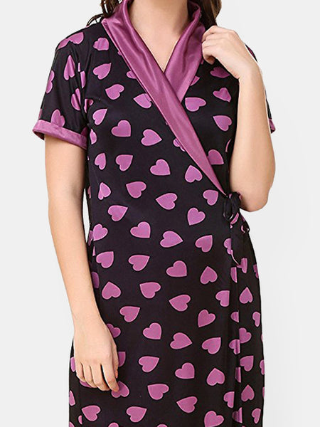 Be You Women Satin Conversational Printed Maxi Wrap Nightdress