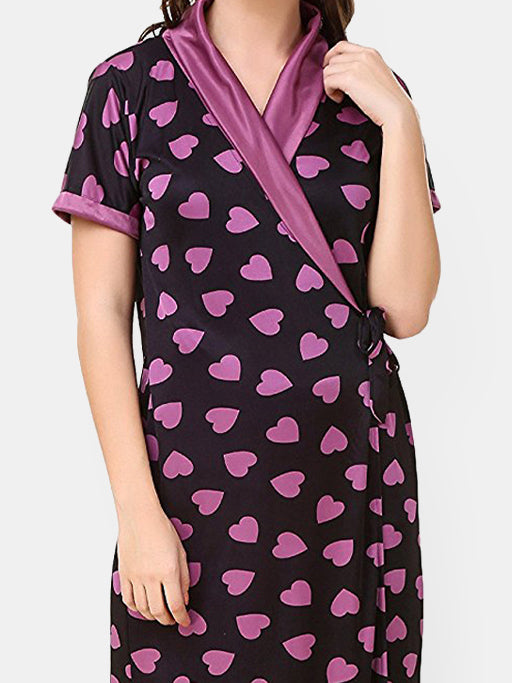 Be You Women Satin Conversational Printed Maxi Wrap Nightdress