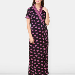 Be You Women Satin Conversational Printed Maxi Wrap Nightdress