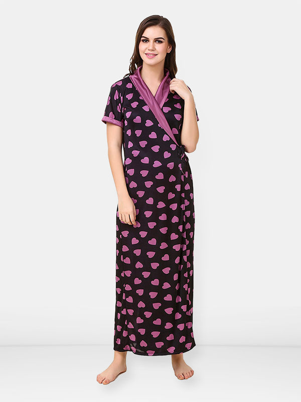 Be You Women Satin Conversational Printed Maxi Wrap Nightdress