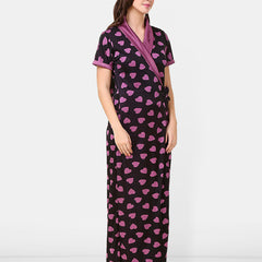 Be You Women Satin Conversational Printed Maxi Wrap Nightdress