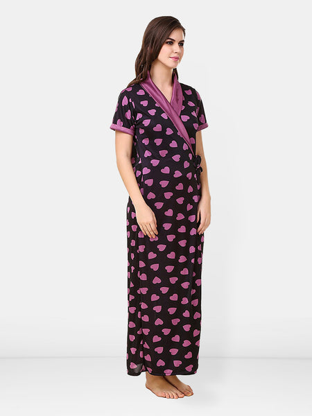 Be You Women Satin Conversational Printed Maxi Wrap Nightdress