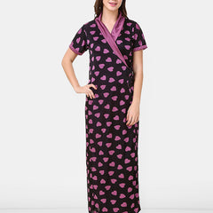 Be You Women Satin Conversational Printed Maxi Wrap Nightdress