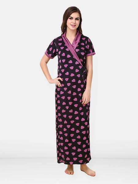 Be You Women Satin Conversational Printed Maxi Wrap Nightdress