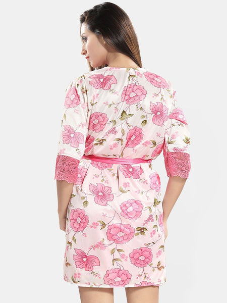 Be You Women Floral Printed Sleeveless Satin Wrap Nightdress With Robe
