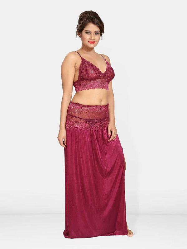 Be You Solid Lace Details Satin Nighty with Robe