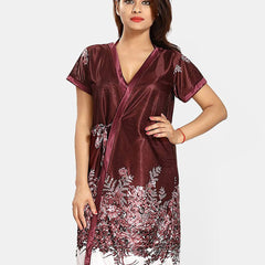 Be You Set Of 3 Women Satin Floral Printed Above Knee Wrap Nightdress with Lingerie Set