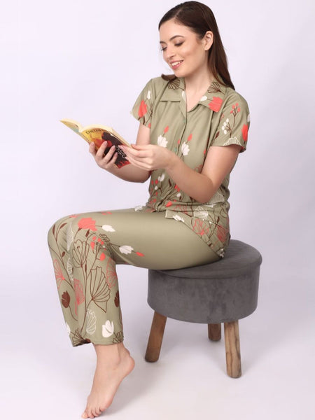 Be You Women Olive Satin Printed Night suit