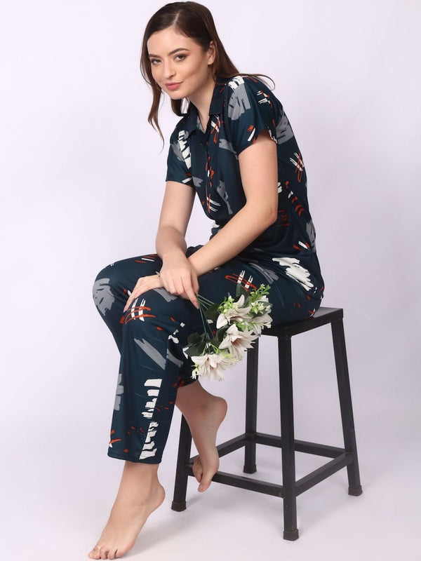 Be You Women Satin Abstract Print Top & Pyjama Night Suit