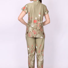 Be You Women Olive Satin Printed Night suit