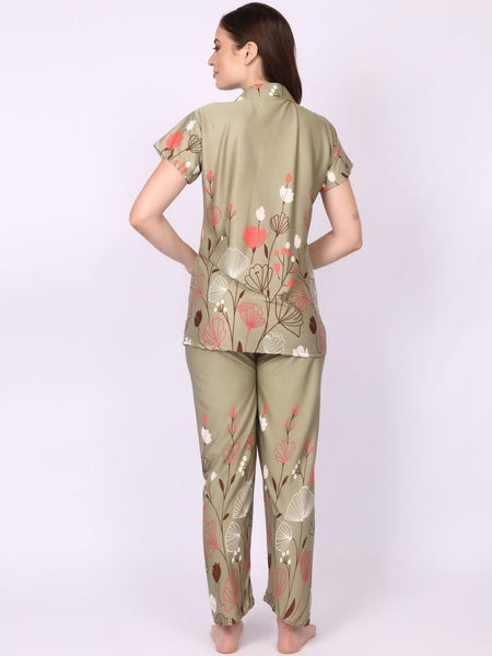 Be You Women Olive Satin Printed Night suit